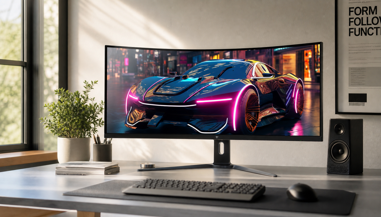 Gaming monitor on a bright desk with window light showing how panel coating affects glare and reflections in a sunlit room