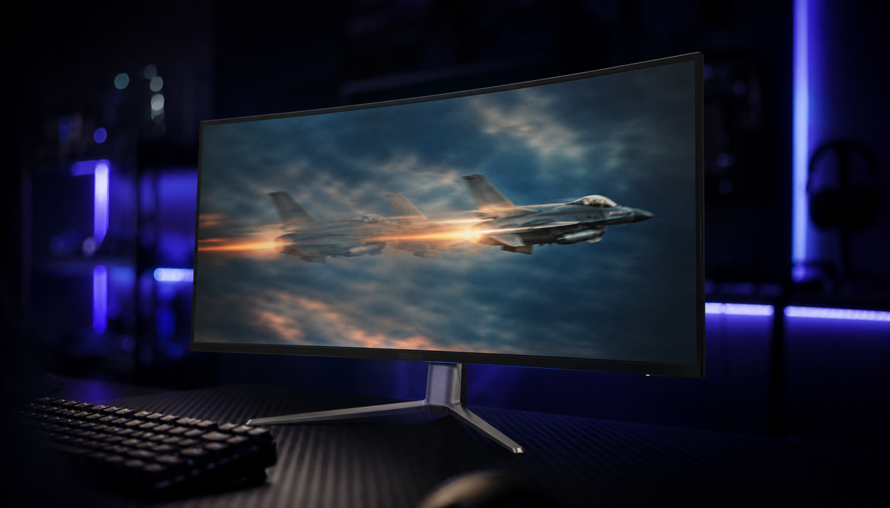 Gaming monitor on a dark desk displaying a motion-blurred scene, representing the difference between frame rate and refresh rate for motion clarity