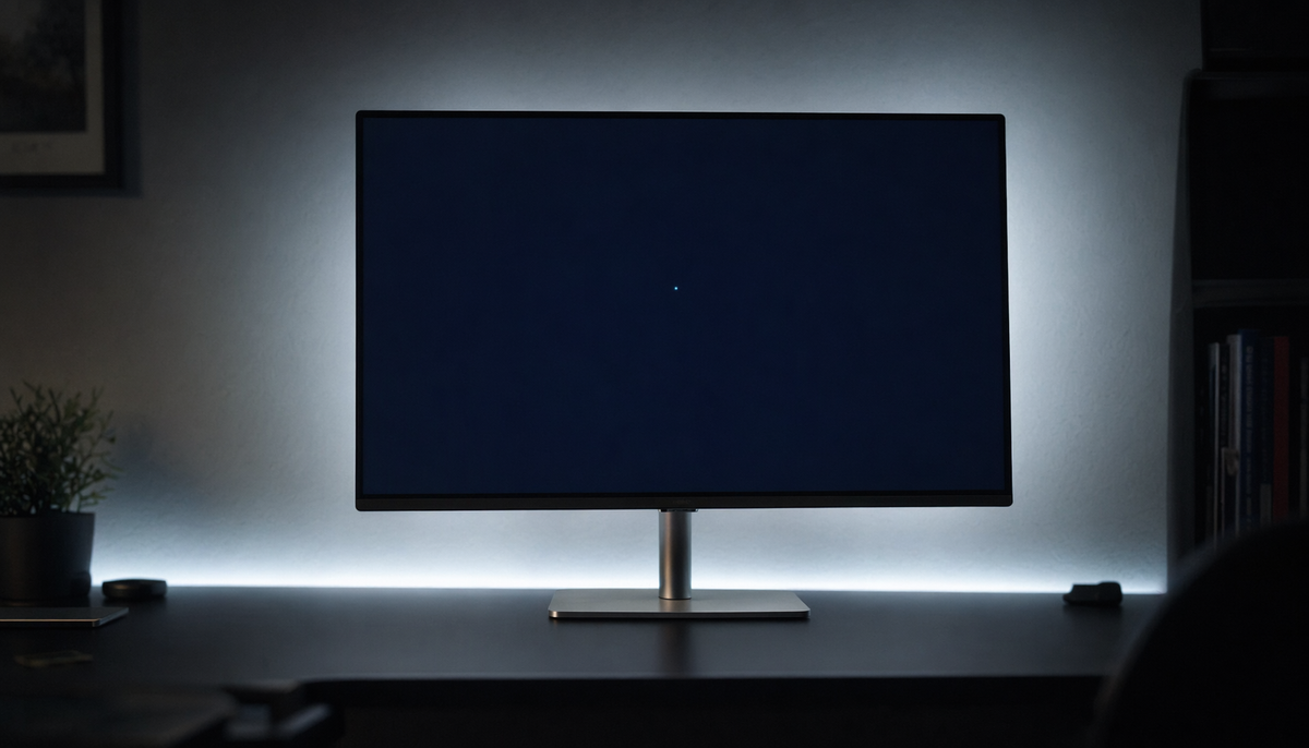Gaming monitor on a dark desk displaying a solid blue test background with a single stuck pixel visible near the center