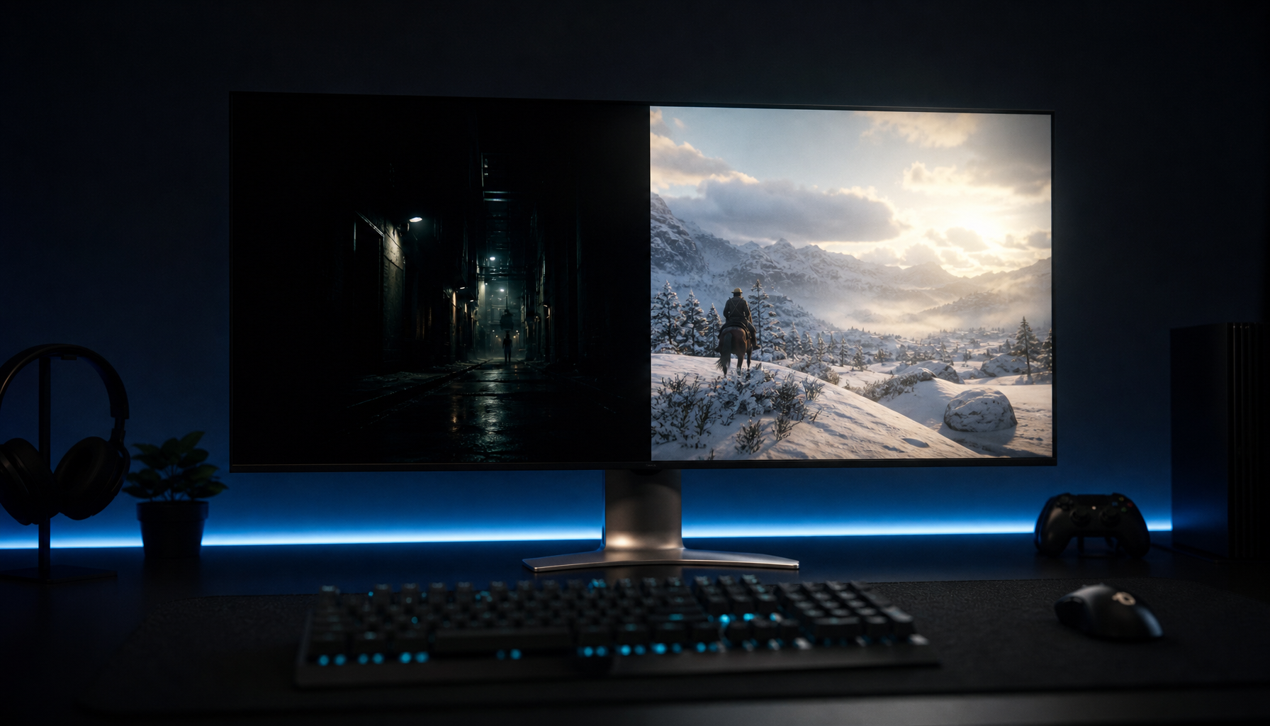 Gaming monitor on a dark desk displaying a split HDR scene contrasting deep OLED blacks on one side with bright Mini LED highlights on the other, illustrating thermal management differences between display technologies