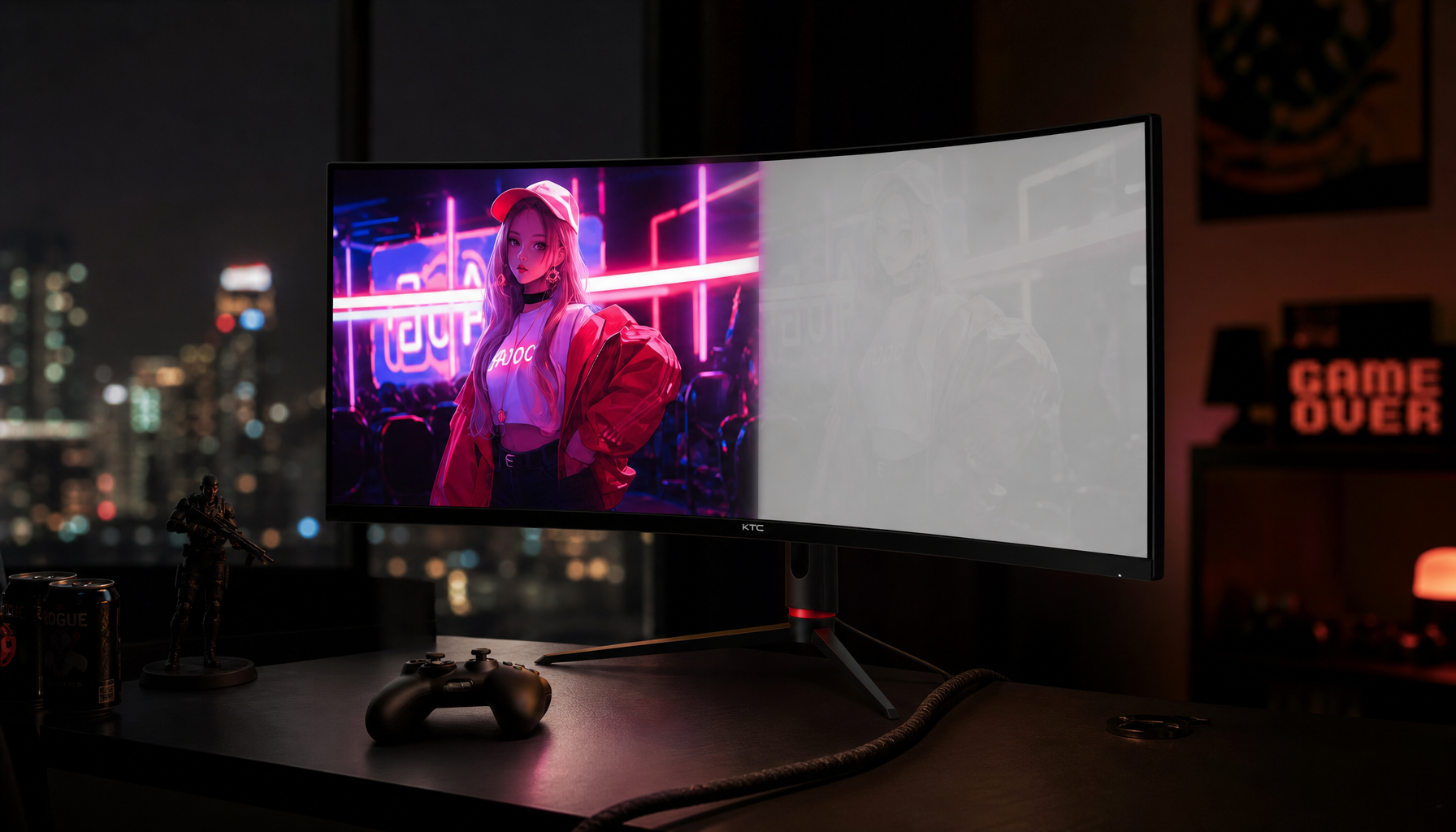 Gaming monitor on a desk at night showing the contrast between a vivid HDR image and a washed-out SDR-like result