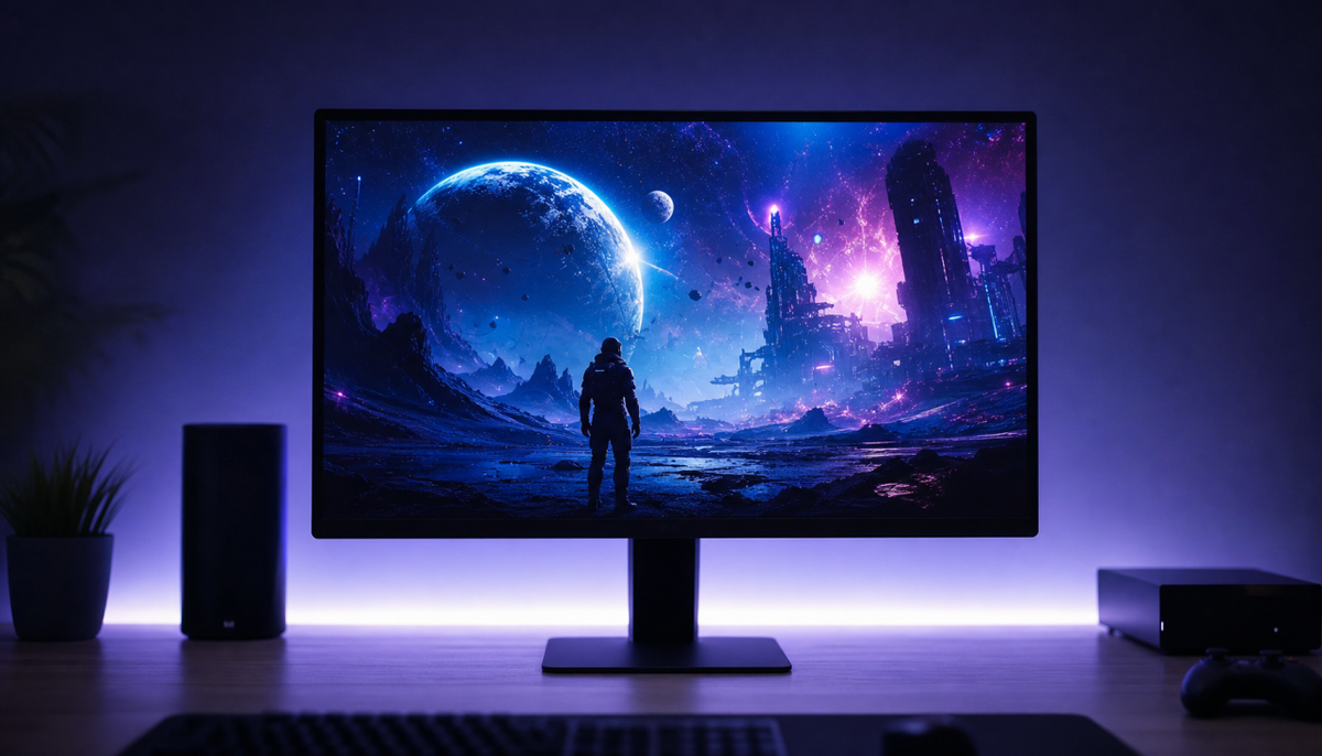 Gaming monitor on a desk displaying a vivid game scene with soft ambient backlight glow