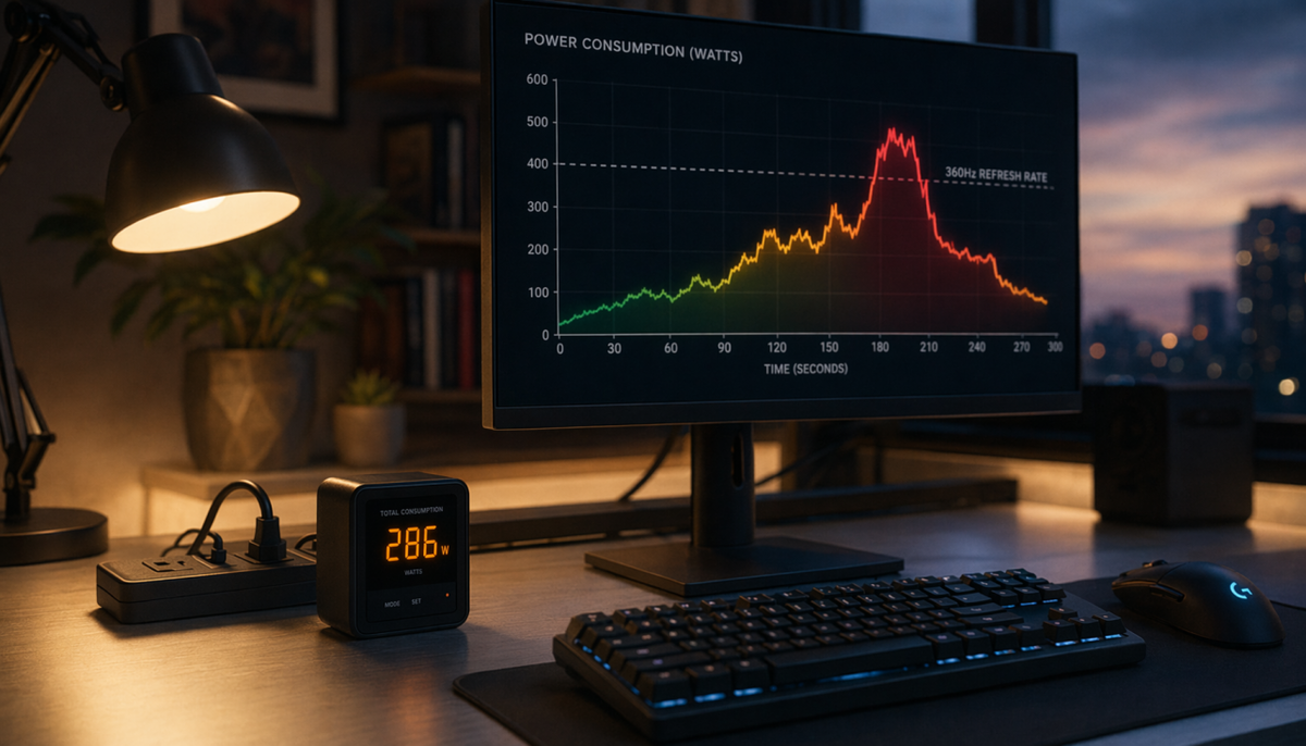 Gaming monitor on a home office desk with a plug-in watt meter showing real-time power consumption