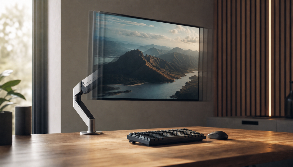 Gaming monitor on desk arm with keyboard, illustrating the relationship between physical monitor stability and perceived display responsiveness