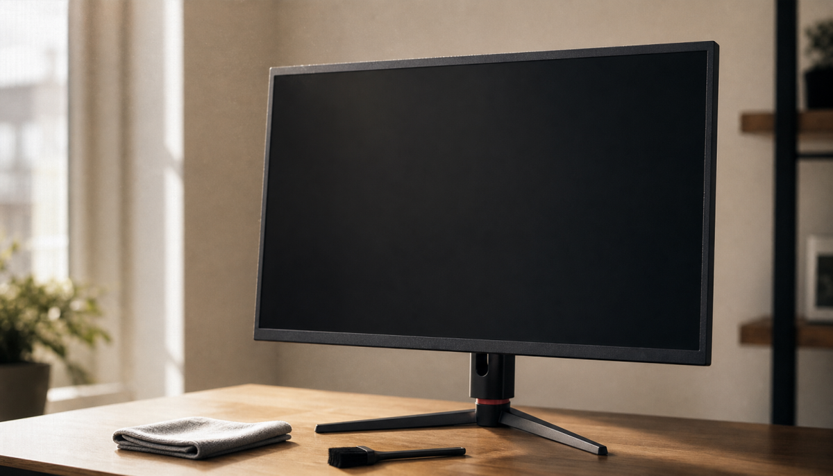Gaming monitor powered off on a clean desk with a microfiber cloth and brush ready for dust cleaning