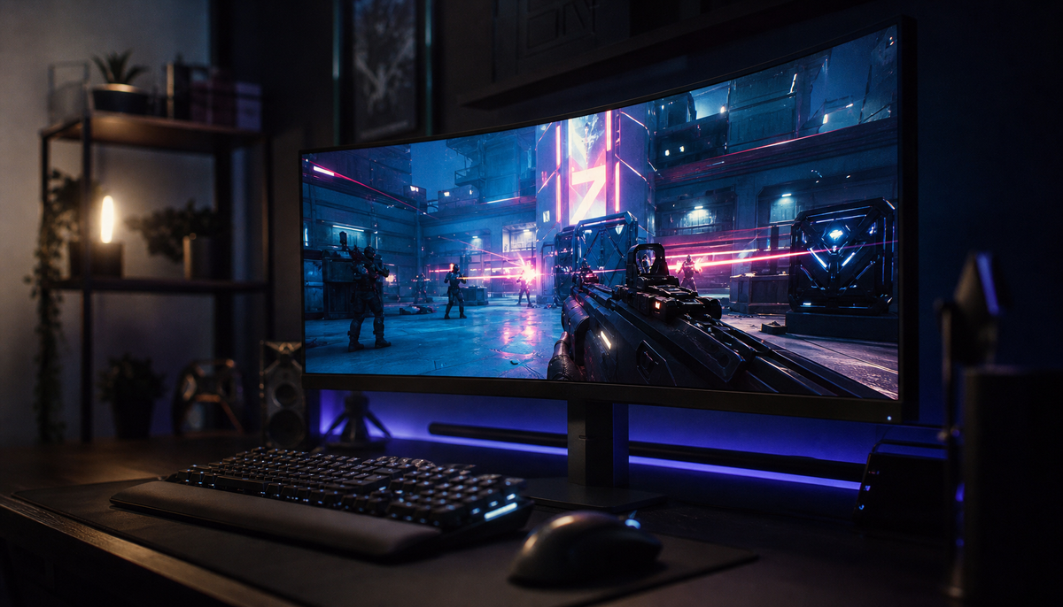 Gaming monitor setup showing a competitive FPS game at ultra-high refresh rate, representing the 360Hz vs 480Hz comparison