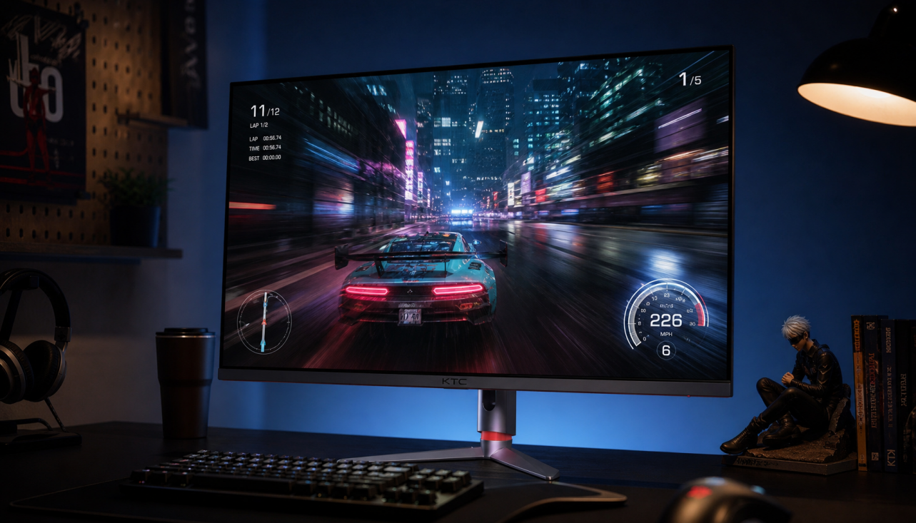 Gaming monitor setup showing high refresh rate display with fast-paced game footage and smooth motion
