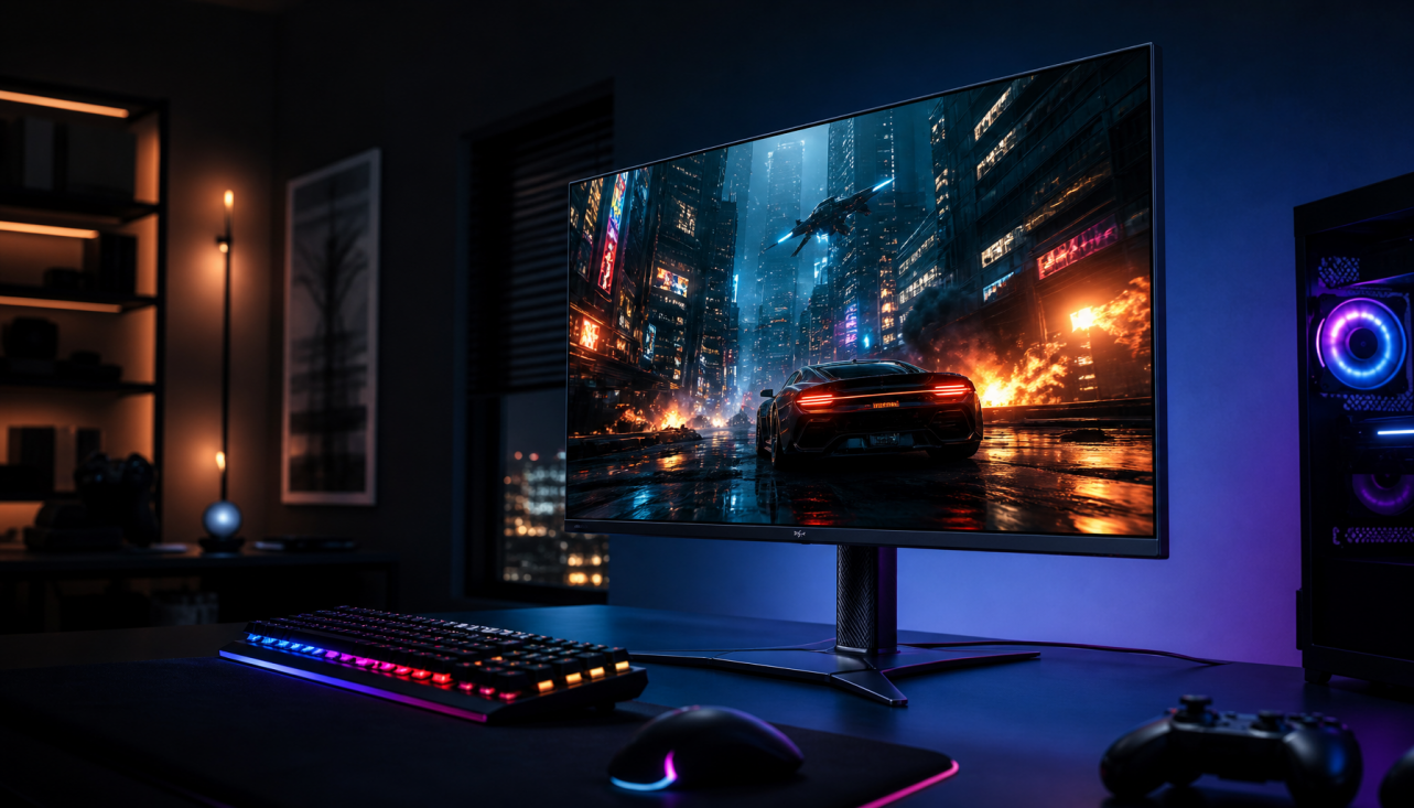 Gaming monitor showing HDR and VRR in action with vivid highlights and smooth motion
