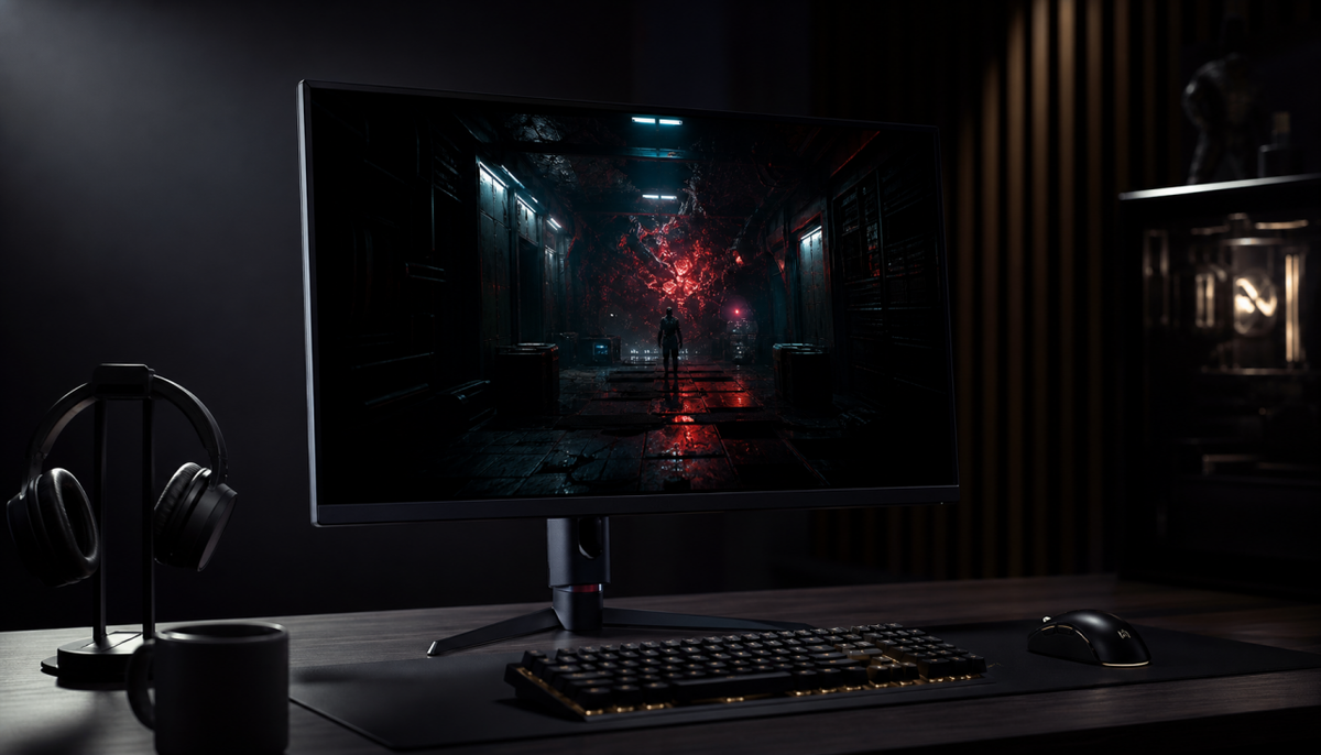 Gaming monitor showing HDR dark scene with deep blacks and bright highlights compared to SDR