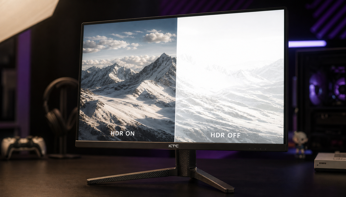 Gaming monitor showing HDR highlight clipping comparison — detailed snowfield versus blown-out white