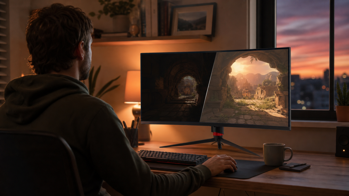 Gaming monitor showing HDR versus SDR brightness comparison in a softly lit home office