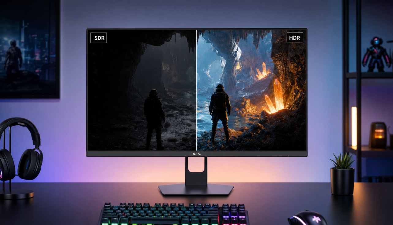 Gaming monitor showing HDR versus SDR display gamma comparison side by side