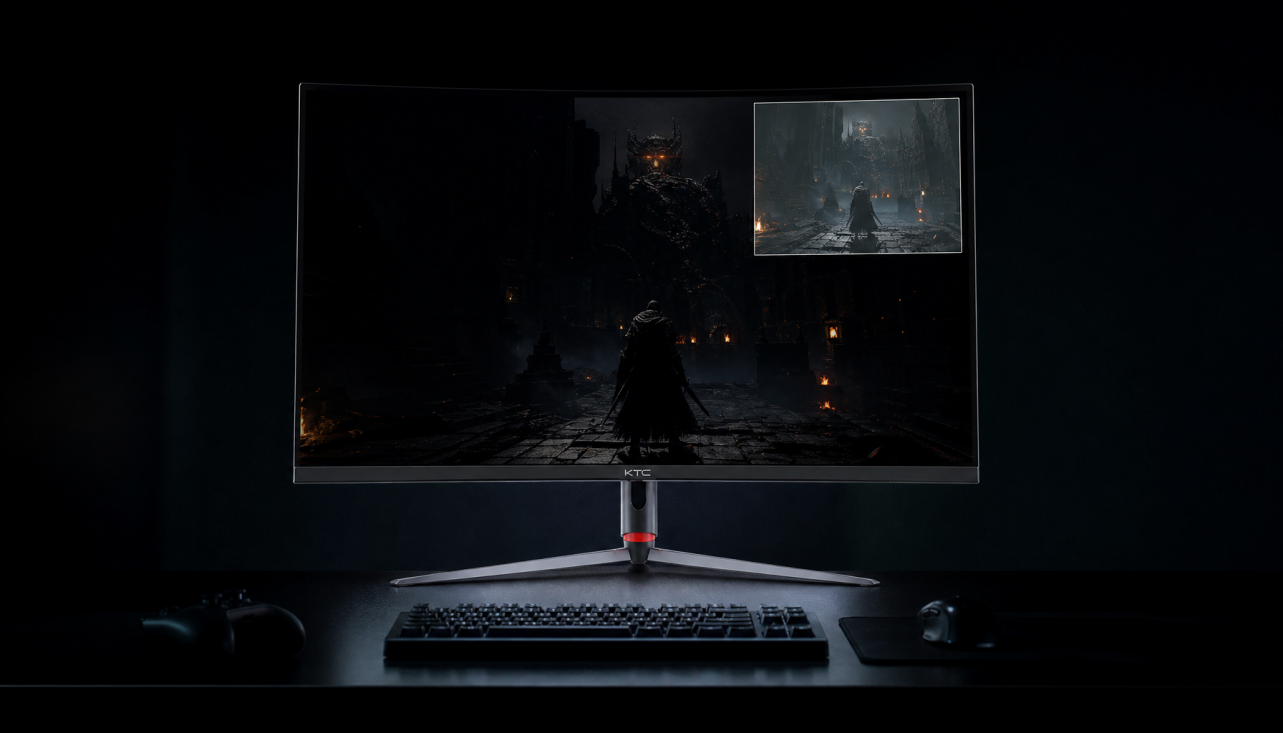 Gaming monitor showing Picture-in-Picture with mismatched black levels — main screen with deep blacks and inset window with gray-lifted blacks