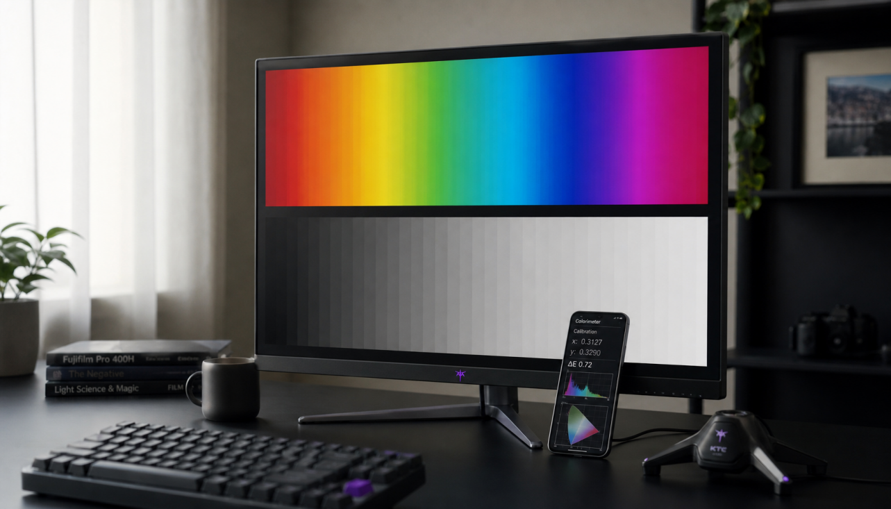 Gaming monitor showing a color calibration test pattern beside a smartphone running a monitor calibration app on a clean desk
