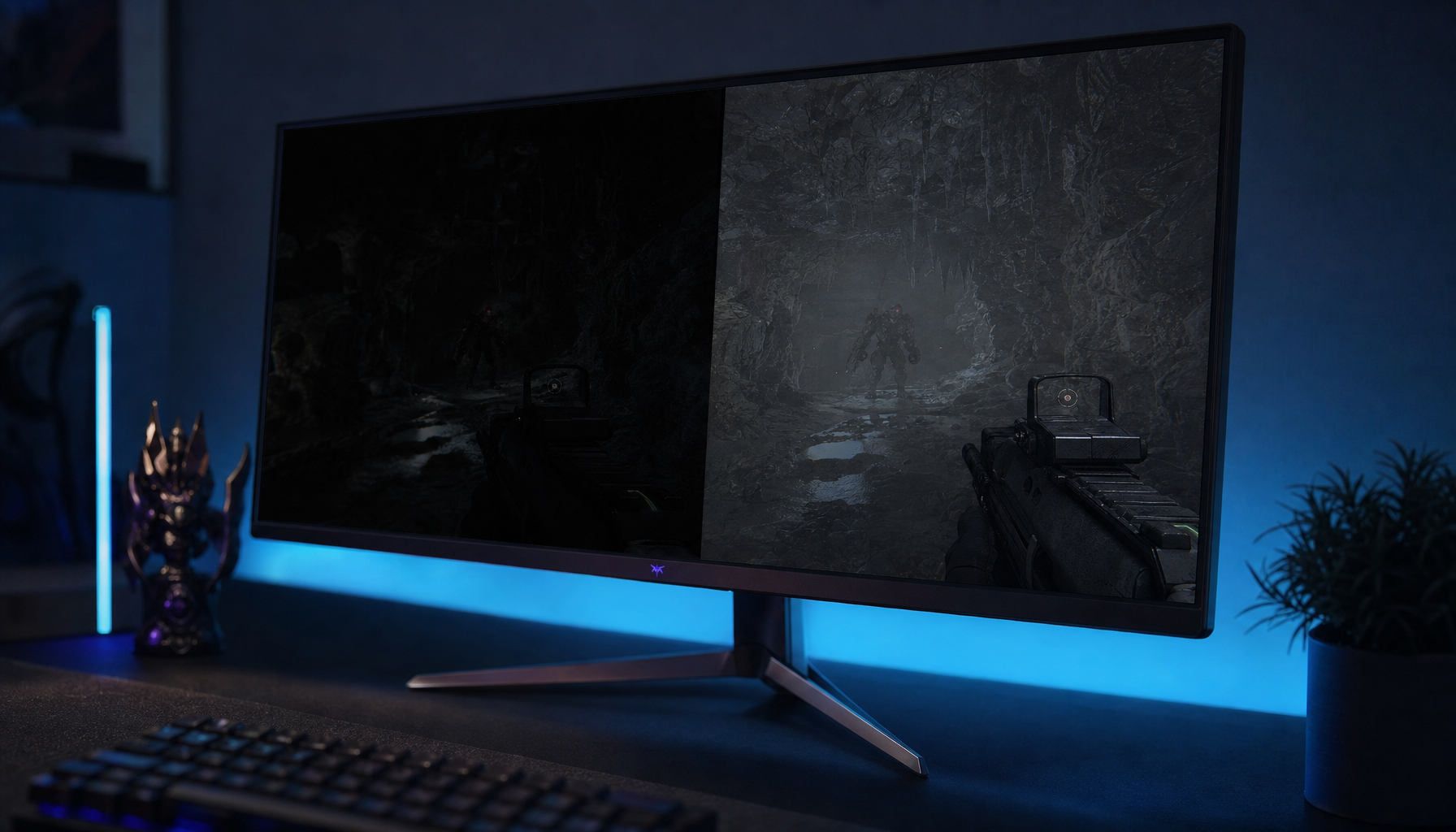 Gaming monitor showing a dark game scene where raising brightness turns blacks gray rather than revealing hidden detail