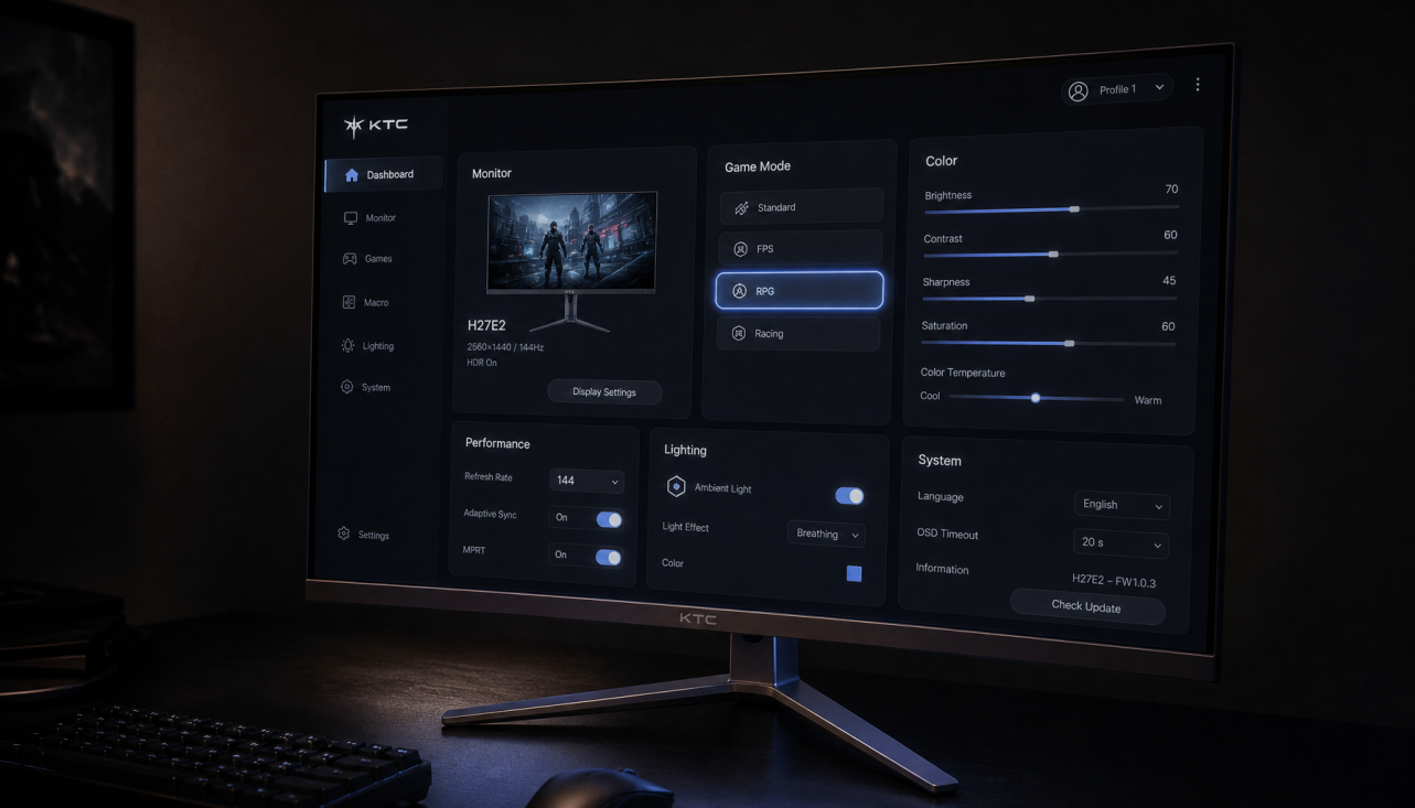 Gaming monitor showing a dark-themed UI interface with controlled contrast on a dim desk setup
