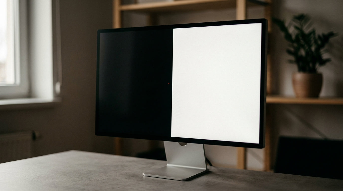 Gaming monitor showing a pixel defect test screen with a single stuck red pixel visible on a dark background