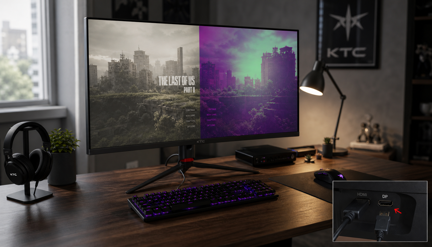 Gaming monitor showing a purple tint on one side while the other half displays correct neutral colors, illustrating a signal-path color tint issue