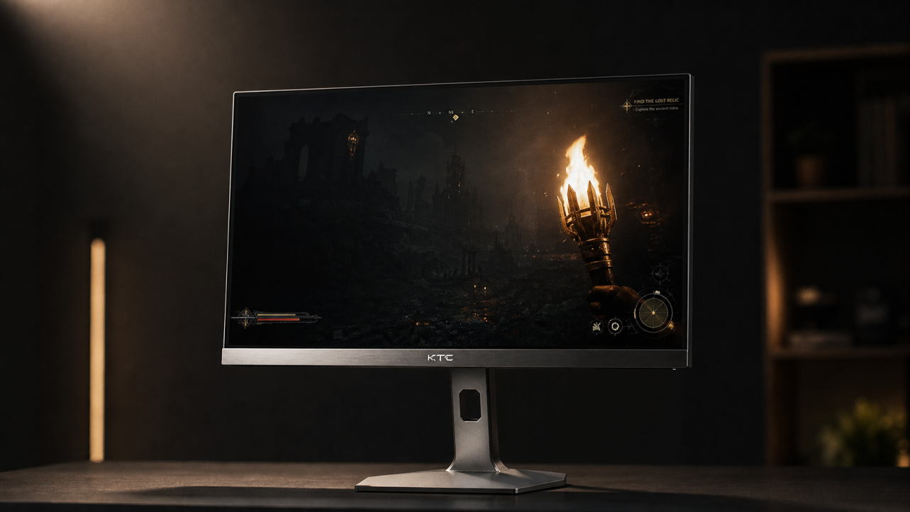 Gaming monitor showing deep blacks and bright highlights demonstrating Mini LED local dimming backlight control