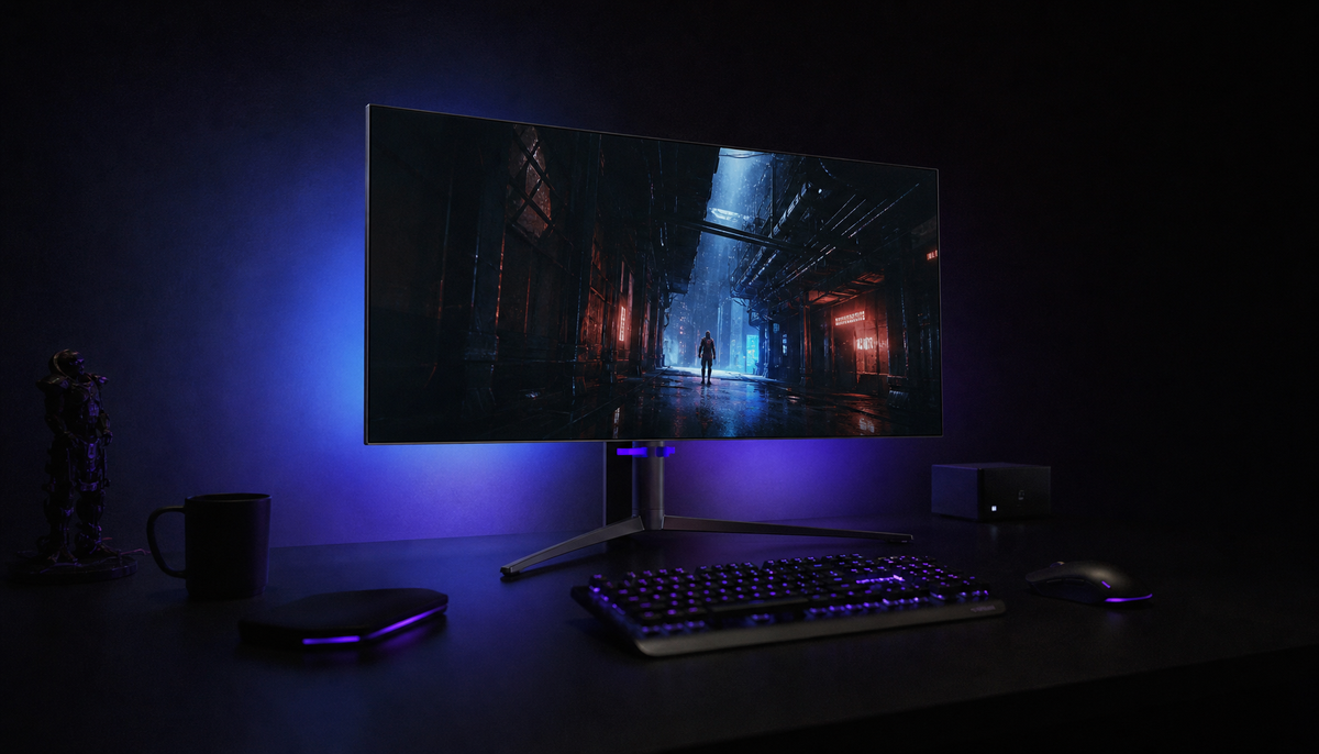 Gaming monitor showing deep blacks in a dark room, demonstrating contrast performance and black level quality