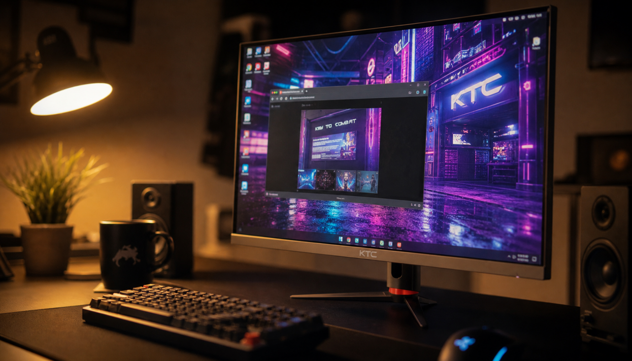 Gaming monitor showing desktop icons flickering while a window is being dragged quickly across the screen