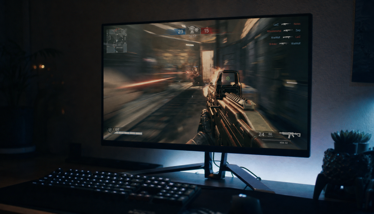 Gaming monitor showing fast motion with Adaptive Sync enabled, illustrating the relationship between refresh rate and input lag