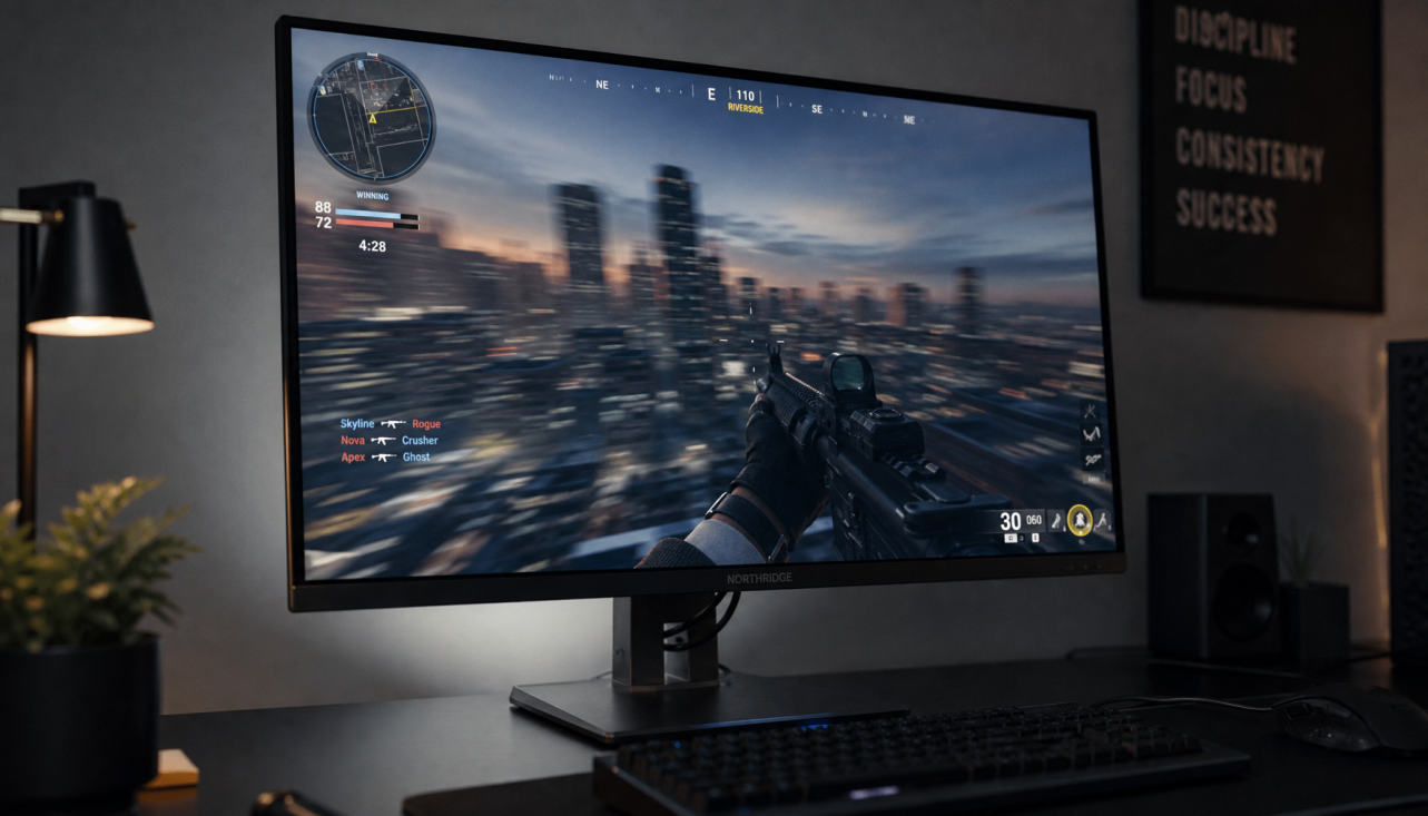 Gaming monitor showing motion blur and ghosting artifacts during fast camera pan in a first-person shooter