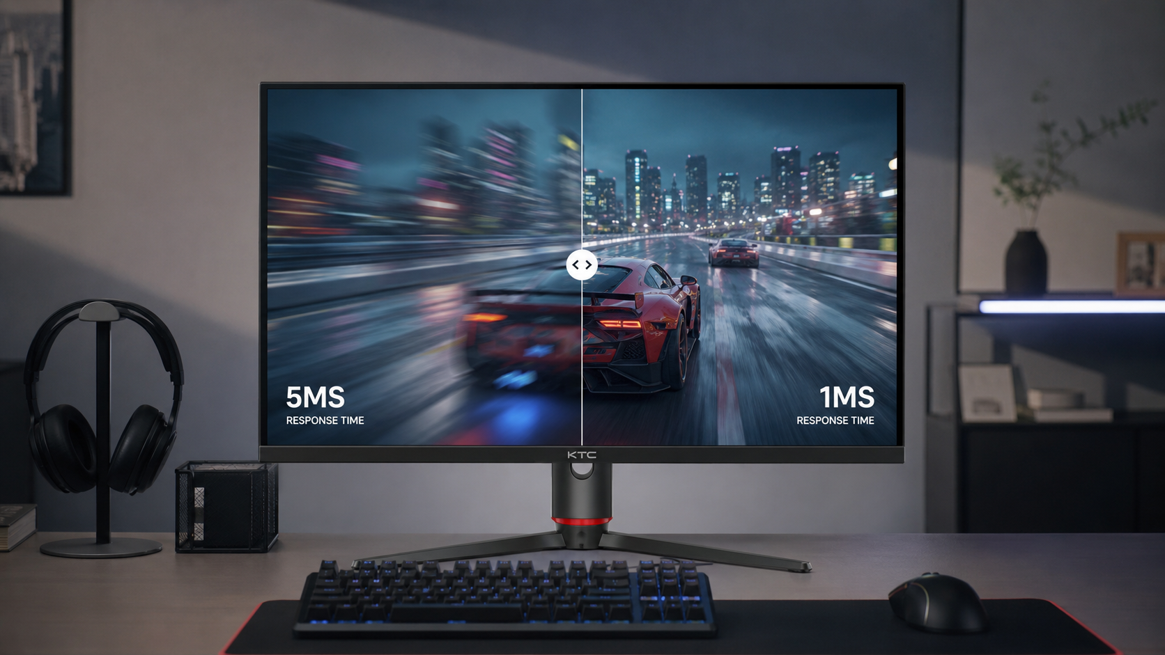 Gaming monitor showing motion blur and sharp response time comparison in a clean desk setup