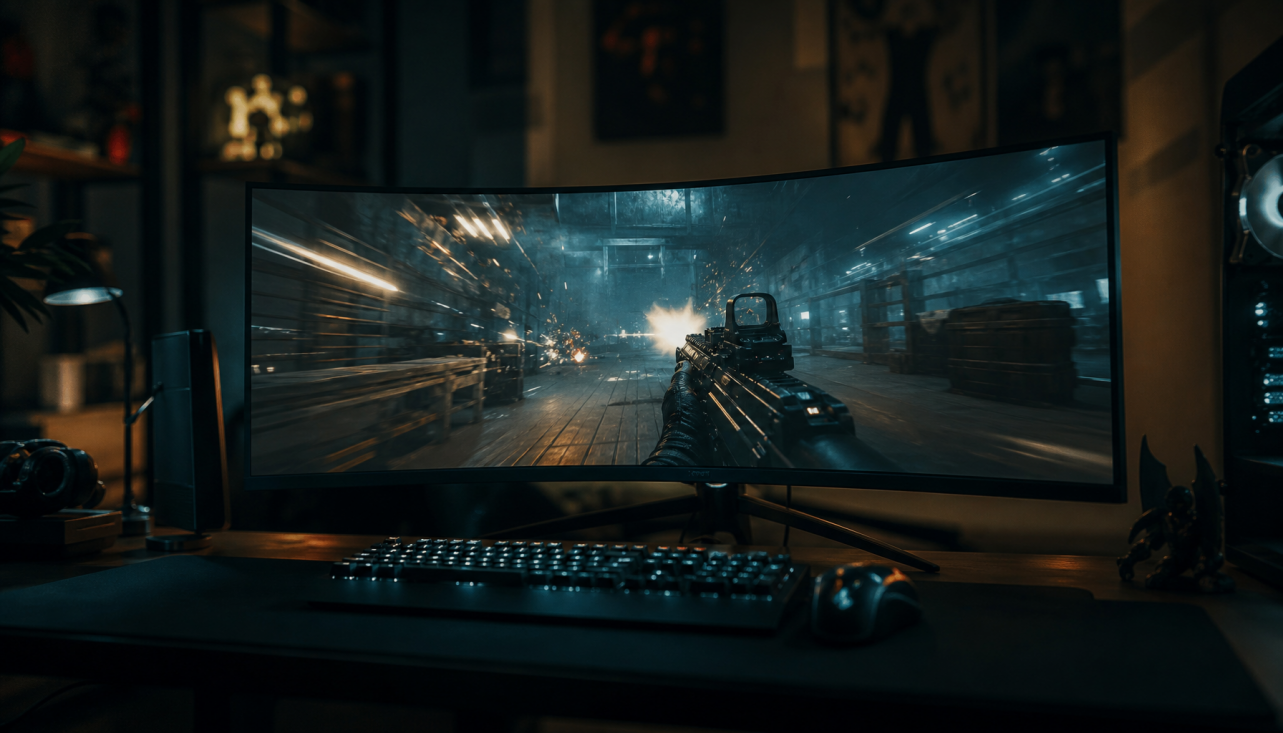 Gaming monitor showing motion blur during fast gameplay, illustrating how response time affects in-game motion clarity