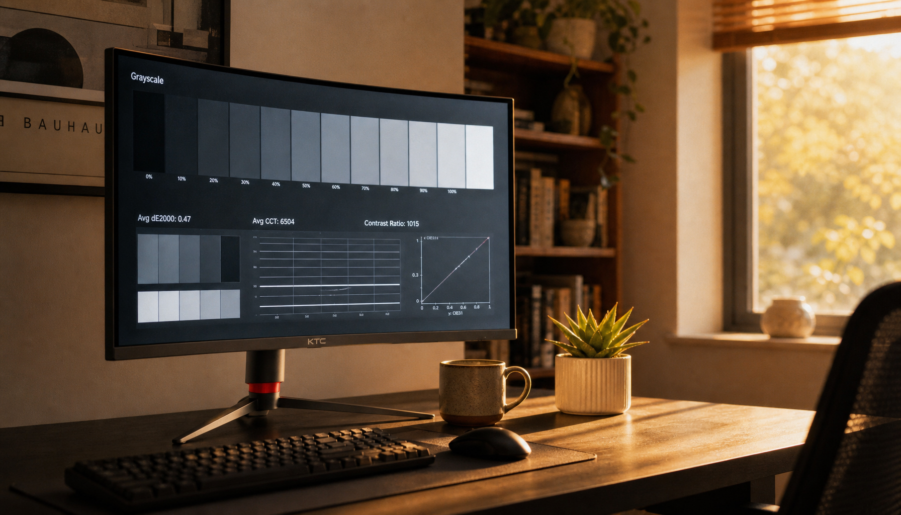 Gaming monitor showing neutral gray calibration screen with warm afternoon sunlight creating color temperature contrast in a home office