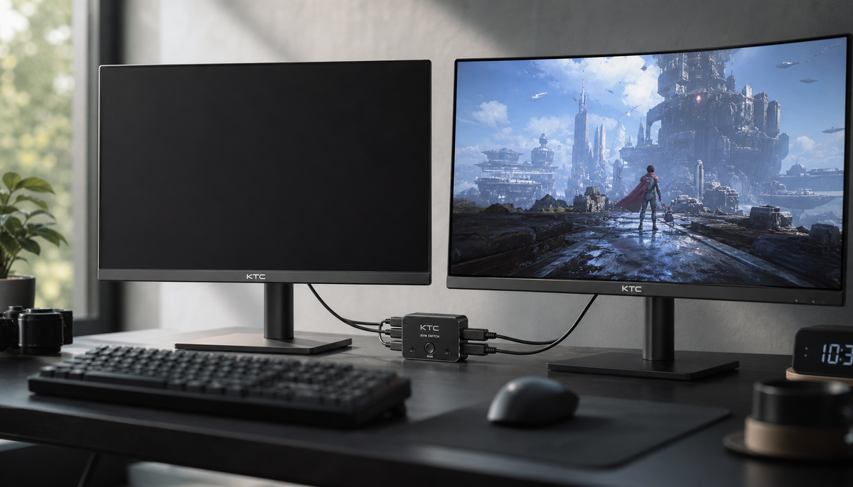 Gaming monitor showing signal dropout connected through a KVM switch on a desk setup
