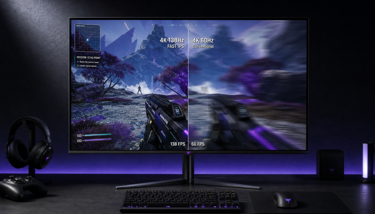 Gaming monitor showing the contrast between sharp still detail and motion blur at identical refresh rate, illustrating how pixel density affects blur visibility