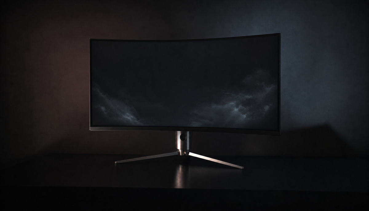 Gaming monitor showing uneven black levels with cloudy corners in a dark room