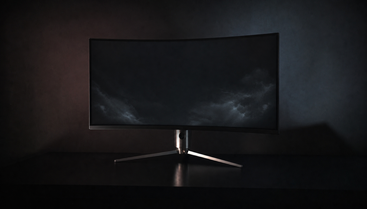 Gaming monitor showing uneven black levels with cloudy corners in a dark room