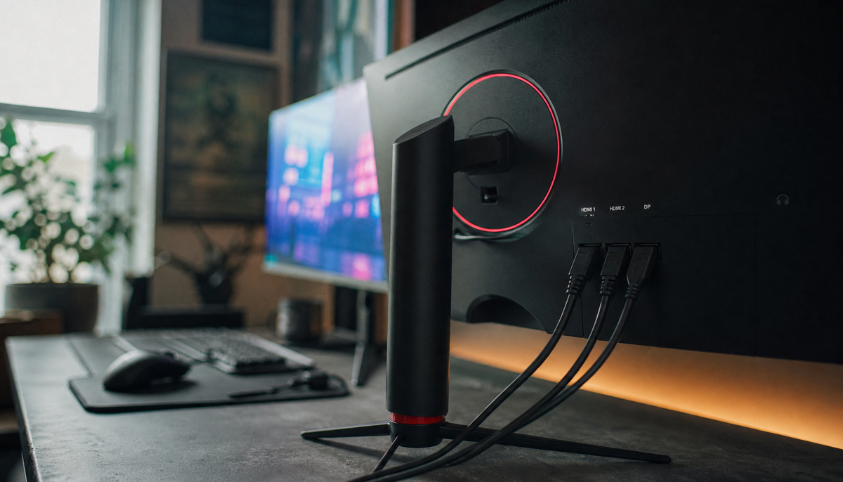 Gaming monitor with HDMI cable connected, showing port compatibility considerations for HDMI 2.0 versus HDMI 2.1