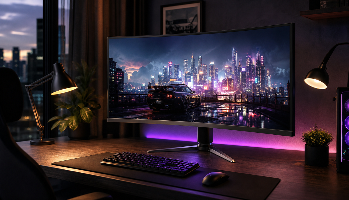 Gaming room setup with a large monitor displaying a high-contrast HDR game scene showing deep blacks and vivid highlights