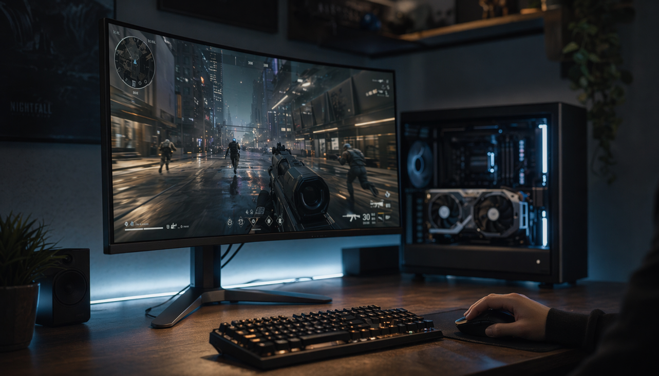 Gaming setup with a 27-inch 1440p curved monitor running at high refresh rate, showing a GPU inside a PC case alongside