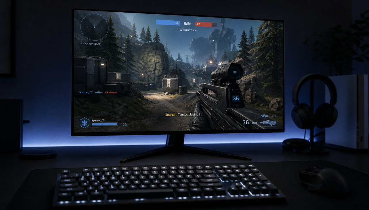 Gaming setup with a 4K monitor displaying a competitive shooter, illustrating how pixel density and monitor processing affect input lag