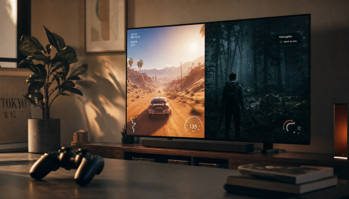 Gaming setup with a smart display showing bright and dark console game scenes side by side