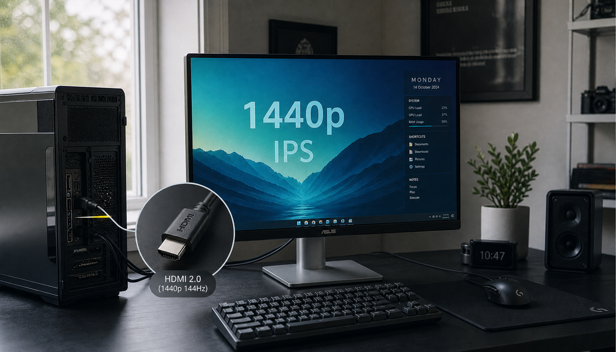 HDMI 2.0 cable connected to a 1440p gaming monitor showing 10-bit color settings on screen