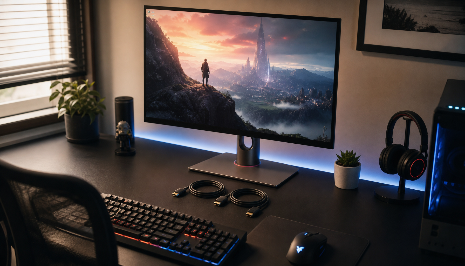 HDMI 2.1 cable and DisplayPort cable compared next to a 1440p 240Hz gaming monitor on a desk