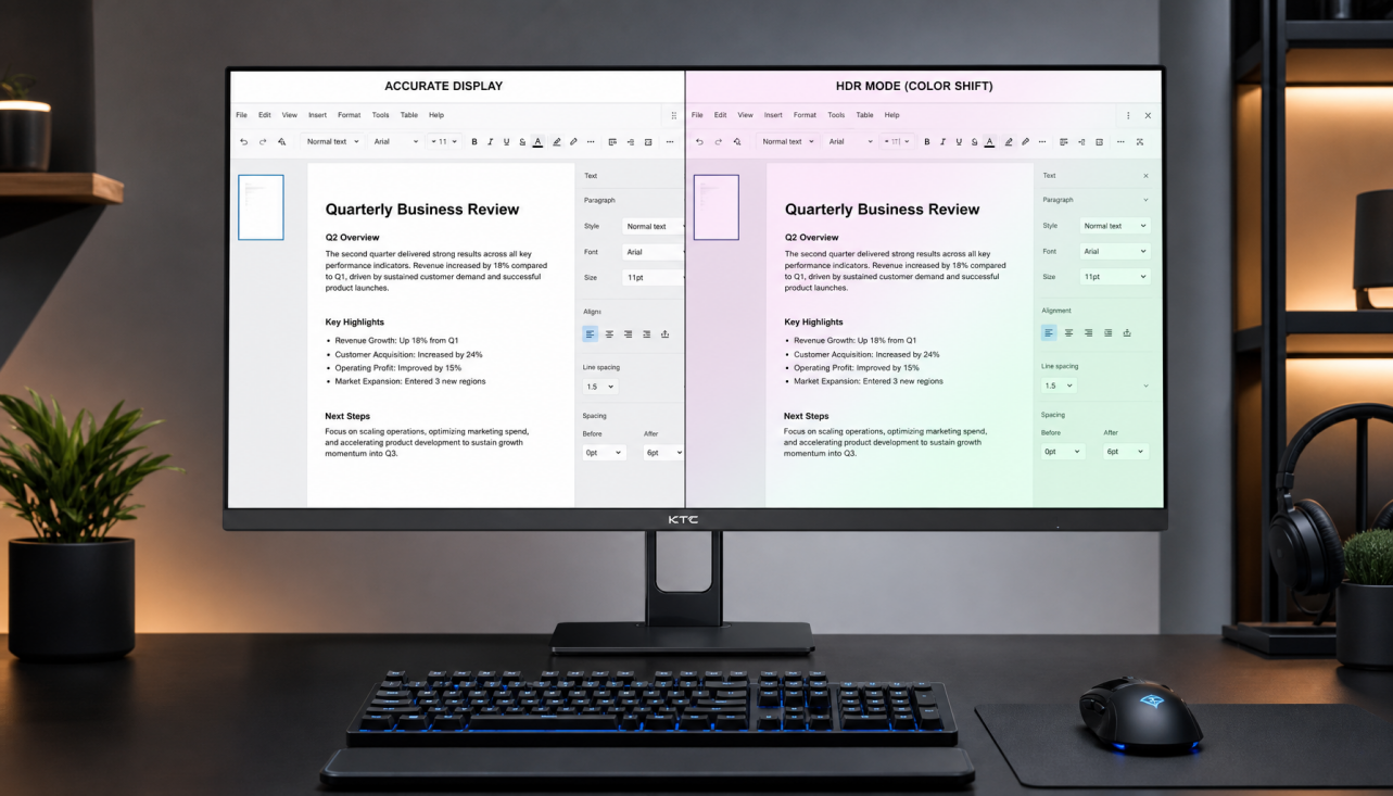 HDR color shift on a gaming monitor showing white background turning pink and gray tones shifting in desktop mode
