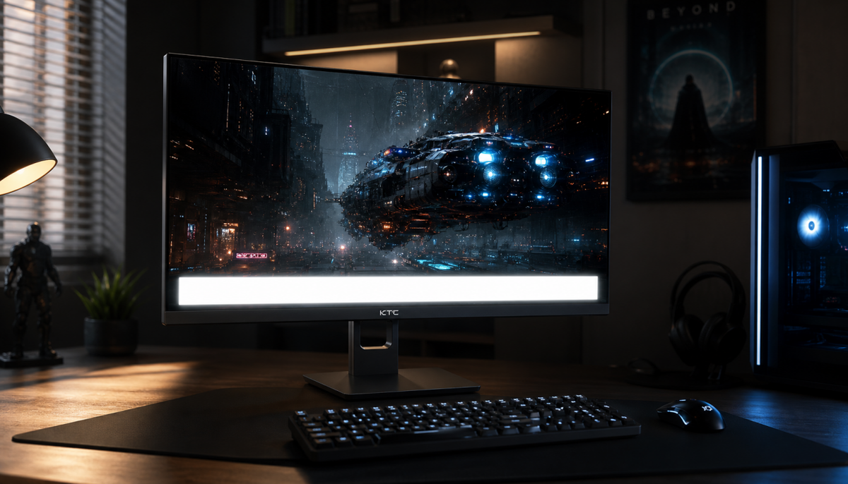 HDR monitor showing unreadable overexposed subtitle on a dark cinematic scene