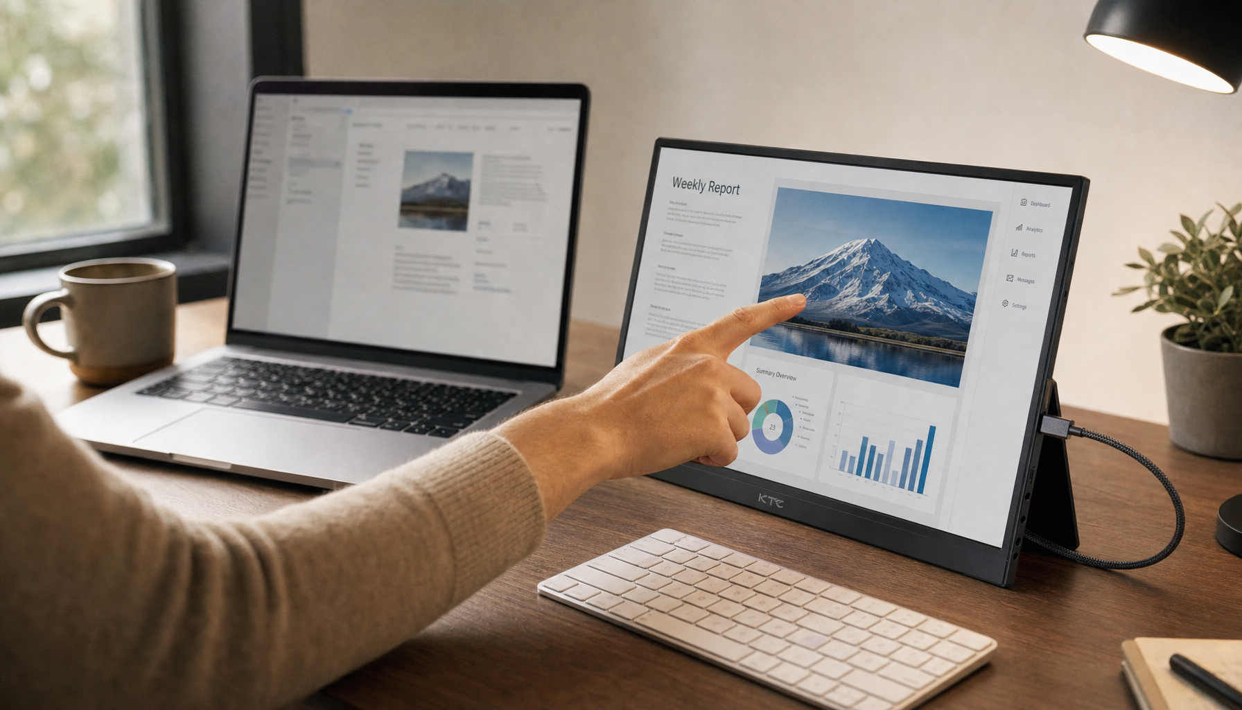 Hand tapping a KTC portable touchscreen monitor connected to a laptop with a single USB-C cable in a clean desk setup
