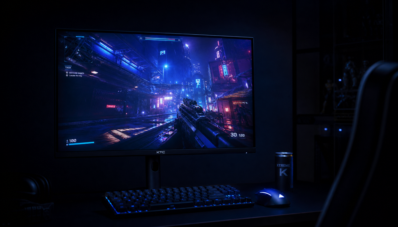 High-refresh gaming monitor glowing in a dark competitive gaming setup with keyboard and mouse