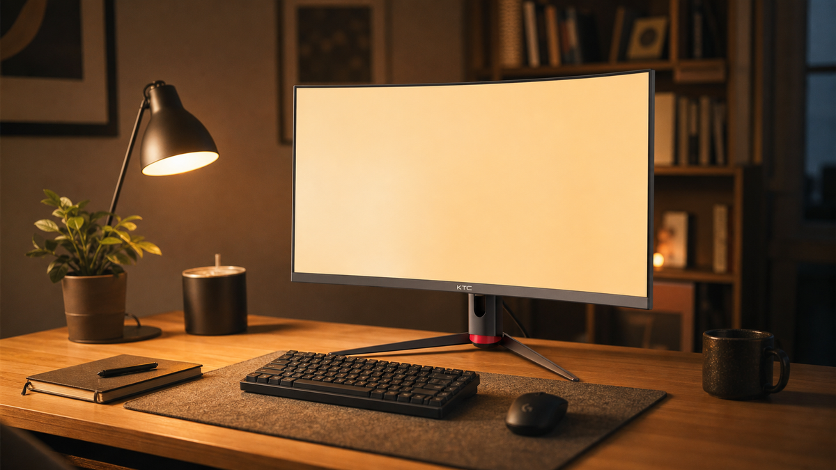 Home desk setup at night with a monitor displaying warm, low-blue-light tones alongside a soft desk lamp
