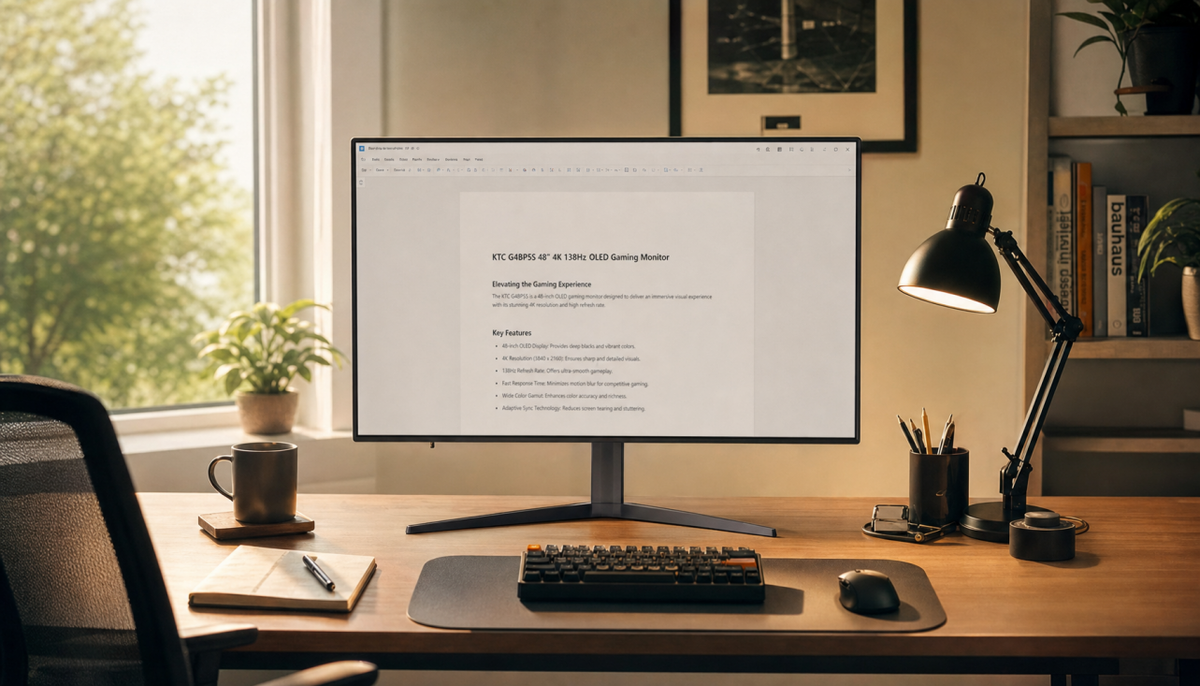 Home office monitor with ambient light sensor automatically adjusting brightness to match changing window light
