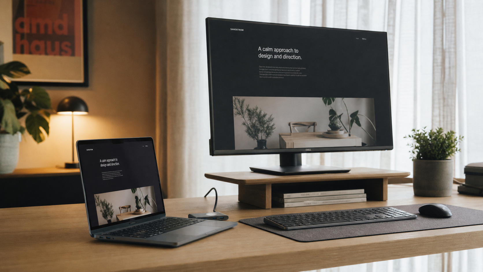 Hybrid work desk setup with monitor raised to eye level, USB-C hub, and wireless peripherals for consistent portable productivity