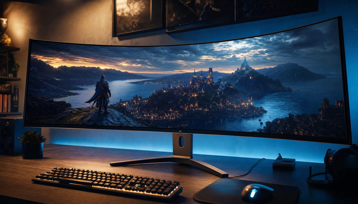 KTC 49-inch 32:9 super-ultrawide curved gaming monitor displaying an immersive game scene in a dark gaming setup