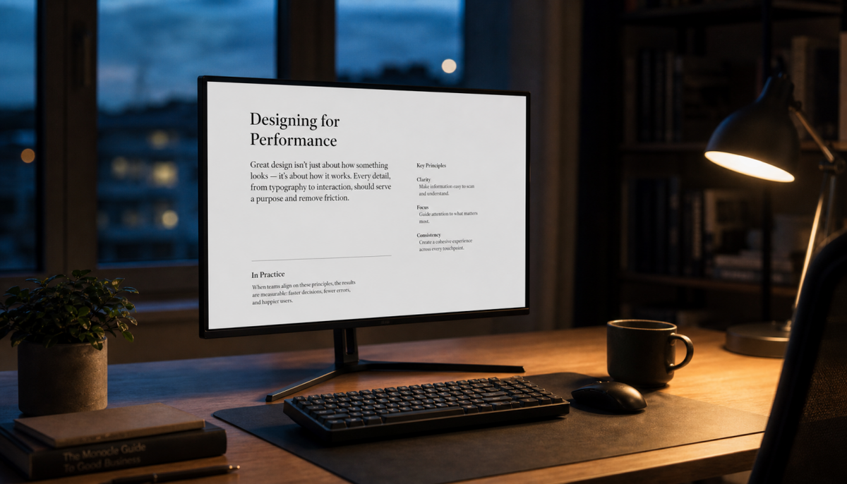 KTC flat-panel monitor on a warm oak desk showing a readable document in a calm home office setup